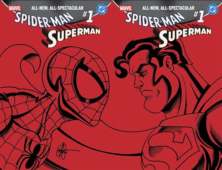 DF MARVEL DC SPIDER-MAN SUPERMAN #1 RED BLANK VARIANT TWO COVER SET SIGNED AND REMARKED BY KEN HAESER WITH A SPIDER-MAN VS SUPERMAN SKETCH CB (01/27/2027)